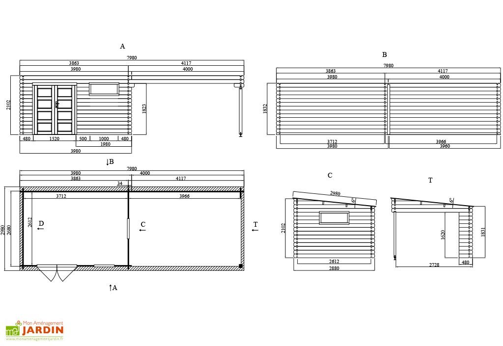 abri de jardin + auvent en bois d’épicéa brut 22,9 m² abri de jardin + auvent en bois d’épicéa brut 22,9 m²